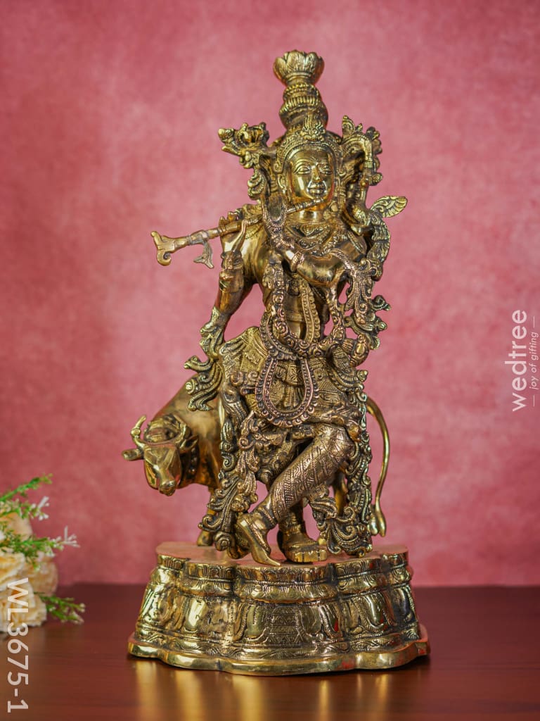 Brass Flute Krishna With Cow - Black Antique Finish Wl3675-1 Figurines