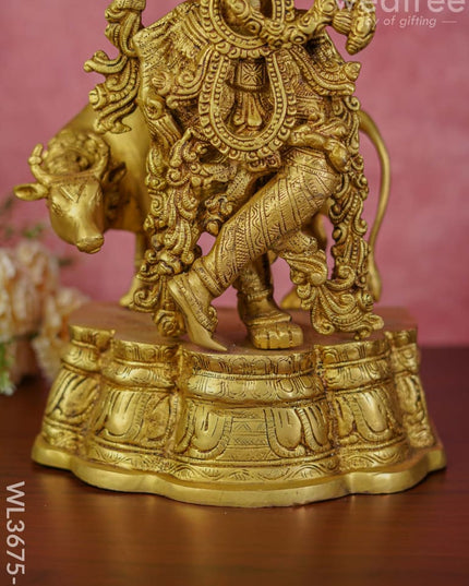 Beass Flute Krishna With Cow - Brown Antique Finish Wl3675-2 Brass Figurines