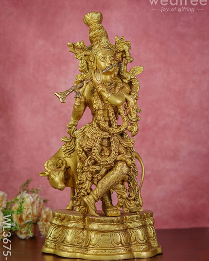 Beass Flute Krishna With Cow - Brown Antique Finish Wl3675-2 Brass Figurines