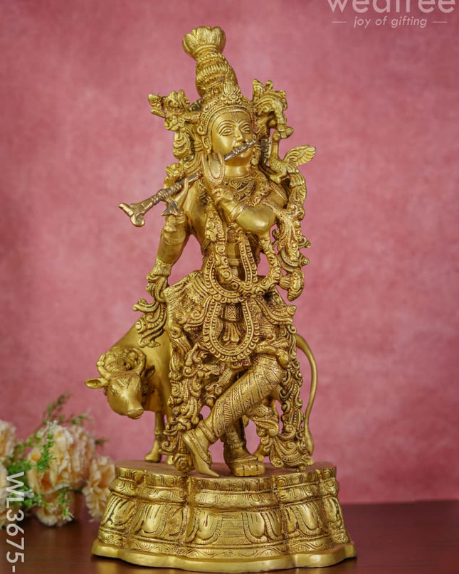 Beass Flute Krishna With Cow - Brown Antique Finish Wl3675-2 Brass Figurines
