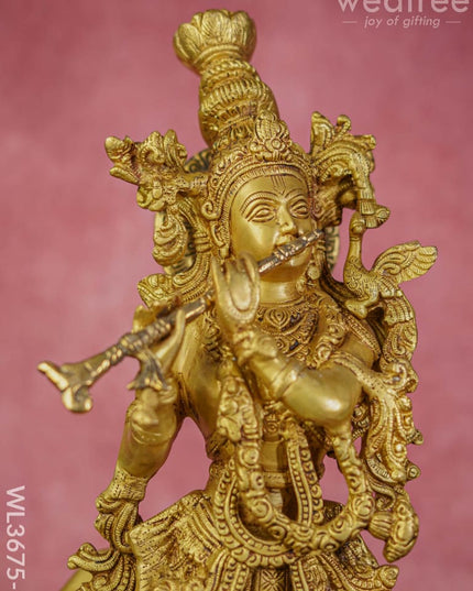 Beass Flute Krishna With Cow - Brown Antique Finish Wl3675-2 Brass Figurines