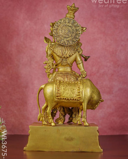 Beass Flute Krishna With Cow - Brown Antique Finish Wl3675-2 Brass Figurines