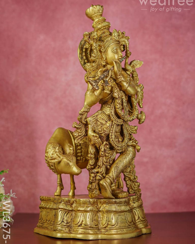 Beass Flute Krishna With Cow - Brown Antique Finish Wl3675-2 Brass Figurines