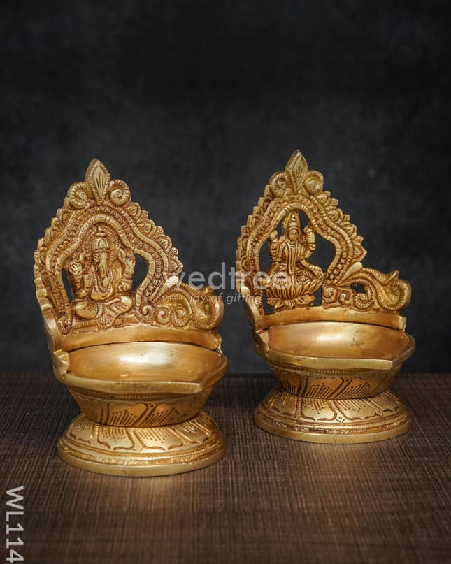 Brass Ganesh Lakshmi Diya With Round Base - Brown Antique Finish Wl1146