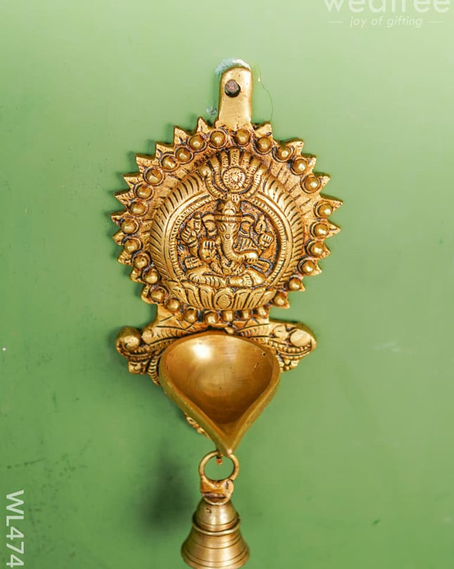 Brass Ganesha Diya With Bell Wall Hanging - 8 Inch Wl4746