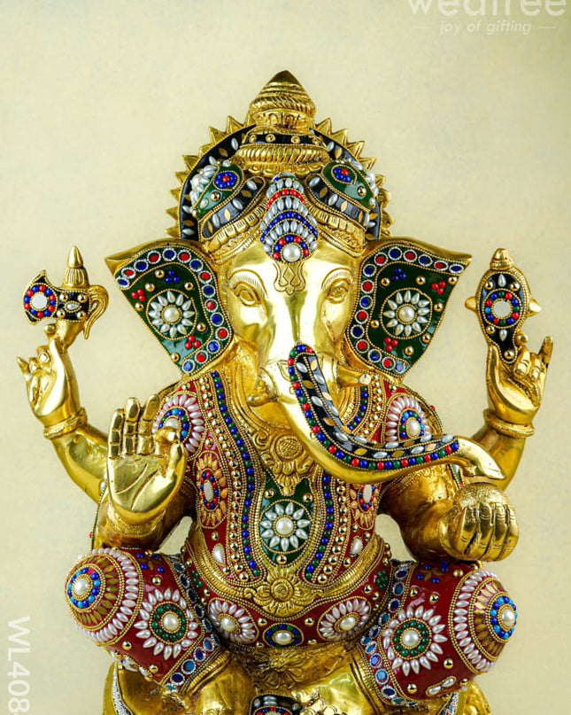 Brass Ganesha Idol with Multicolour Stone Work - WL4084 - Brass Figurines