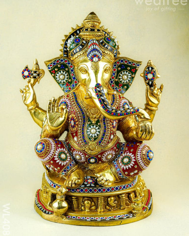 Brass Ganesha Idol with Multicolour Stone Work - WL4084 - Brass Figurines