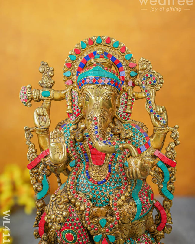 Brass Ganesha Idol With Stone Work - Wl4110 Figurines