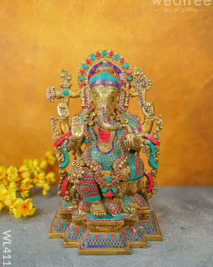 Brass Ganesha Idol With Stone Work - Wl4110 Figurines