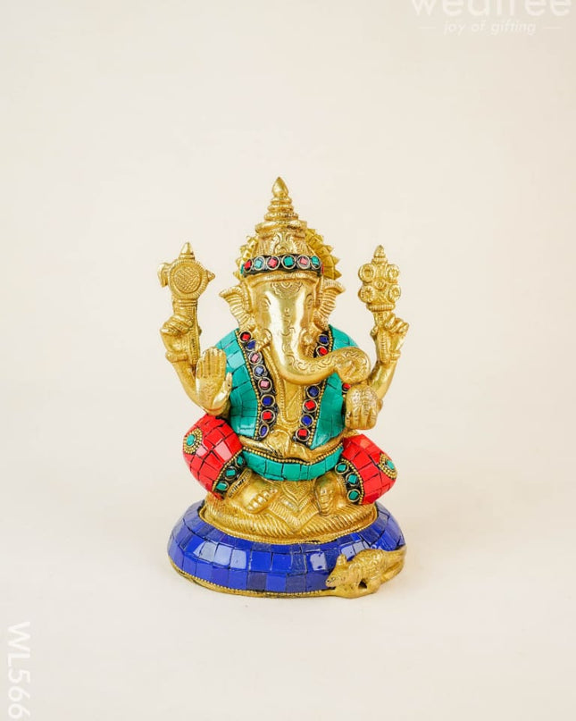 Brass Ganesha Idol with Stonework - 6 inch - WL5666 - Brass Figurines