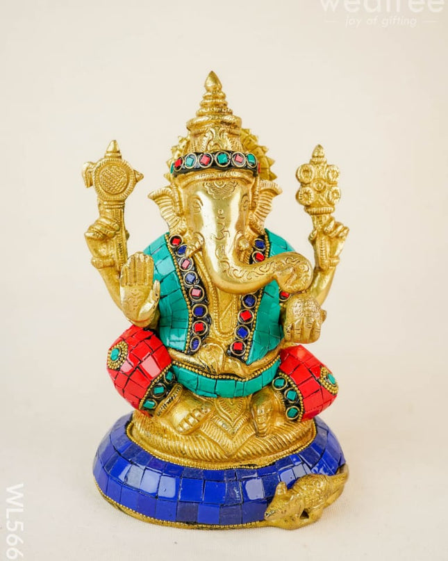 Brass Ganesha Idol with Stonework - 6 inch - WL5666 - Brass Figurines