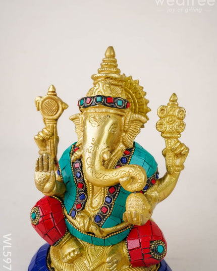 Brass Ganesha Idol with Stonework - 8 inch - WL5977 - Brass Figurines