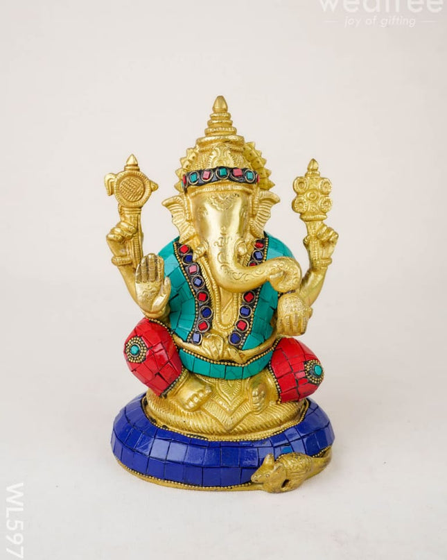 Brass Ganesha Idol with Stonework - 8 inch - WL5977 - Brass Figurines