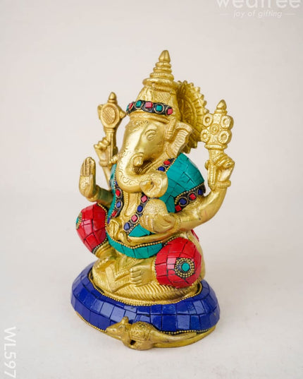 Brass Ganesha Idol with Stonework - 8 inch - WL5977 - Brass Figurines