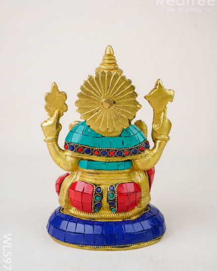 Brass Ganesha Idol with Stonework - 8 inch - WL5977 - Brass Figurines