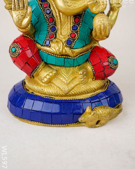 Brass Ganesha Idol with Stonework - 8 inch - WL5977 - Brass Figurines