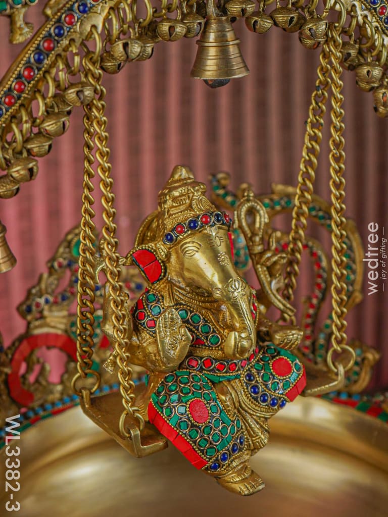Brass Ganesha Jhoola Urli With 7 Diya And Bells - Wl3382-3