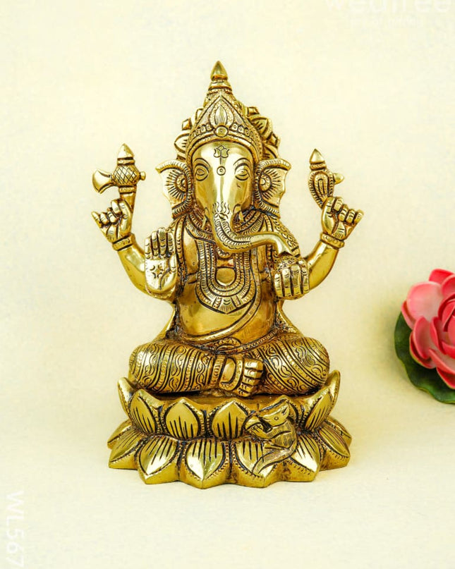 Brass Ganesha on Lotus - 9 inch - WL5670 - Brass Figurines