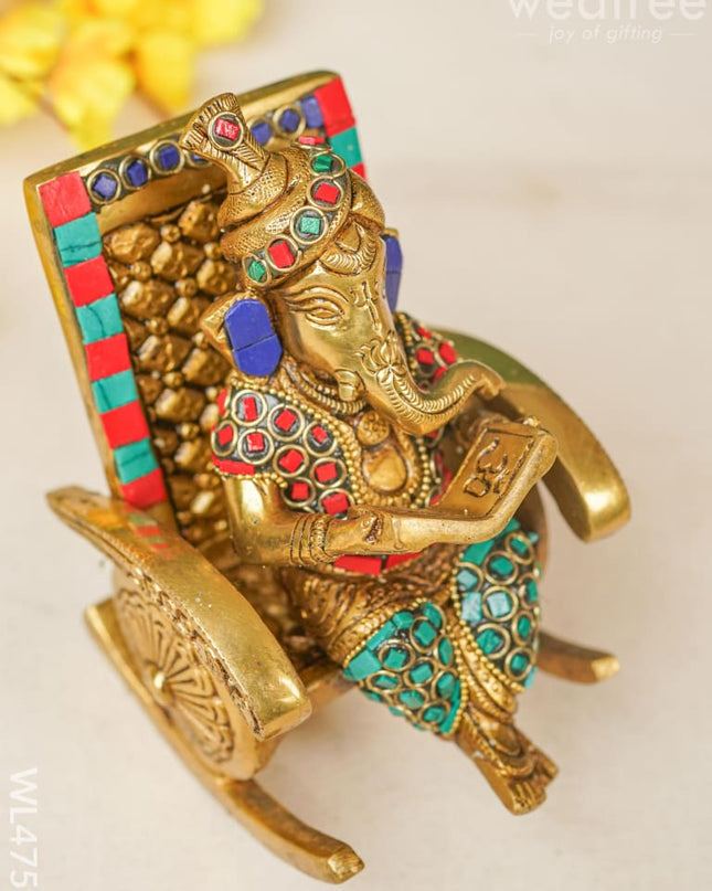 Brass Ganesha Relaxing On Chair - Stonework Wl4756 Figurines
