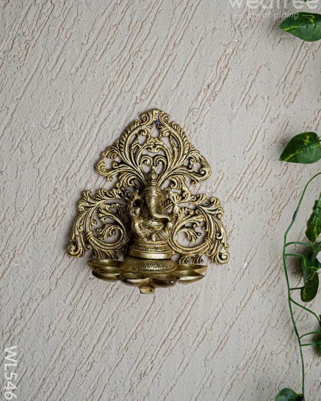 Brass Ganesha with Diya - 6 inch - WL5466 - Brass Wall Hanging