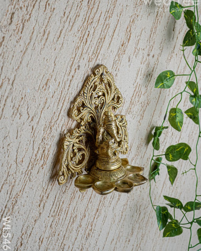Brass Ganesha with Diya - 6 inch - WL5466 - Brass Wall Hanging