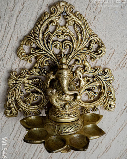 Brass Ganesha with Diya - 6 inch - WL5466 - Brass Wall Hanging