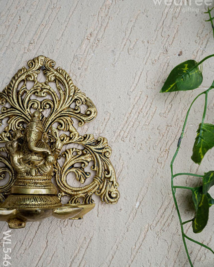 Brass Ganesha with Diya - 6 inch - WL5466 - Brass Wall Hanging