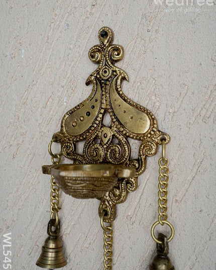 Brass Hanging Diya with 3 Bell - 4 inch - WL5450 - Brass Diya
