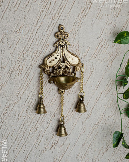 Brass Hanging Diya with 3 Bell - 4 inch - WL5450 - Brass Diya