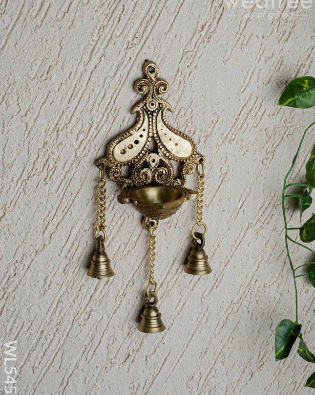 Brass Hanging Diya with 3 Bell - 4 inch - WL5450 - Brass Diya