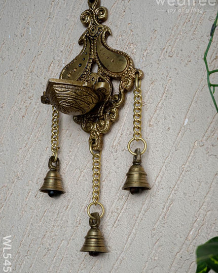 Brass Hanging Diya with 3 Bell - 4 inch - WL5450 - Brass Diya