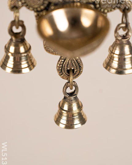 Brass Hanging Diya with 3 Bell - 9 inch - WL5138 Brass Wall Hanging