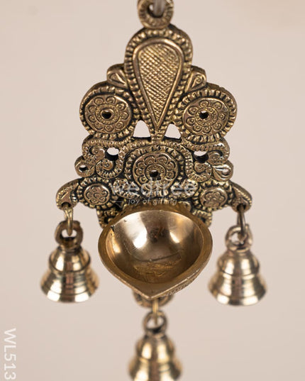 Brass Hanging Diya with 3 Bell - 9 inch - WL5138 Brass Wall Hanging