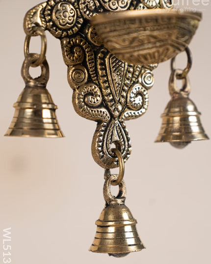 Brass Hanging Diya with 3 Bell - 9 inch - WL5138 Brass Wall Hanging