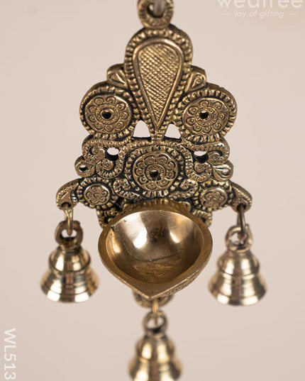 Brass Hanging Diya with 3 Bell - 9 inch - WL5138 Brass Wall Hanging