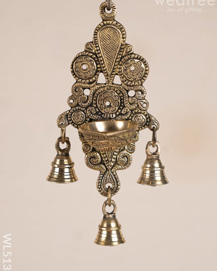 Brass Hanging Diya with 3 Bell - 9 inch - WL5138 Brass Wall Hanging