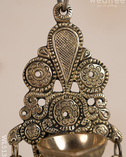 Brass Hanging Diya with 3 Bell - 9 inch - WL5138 Brass Wall Hanging