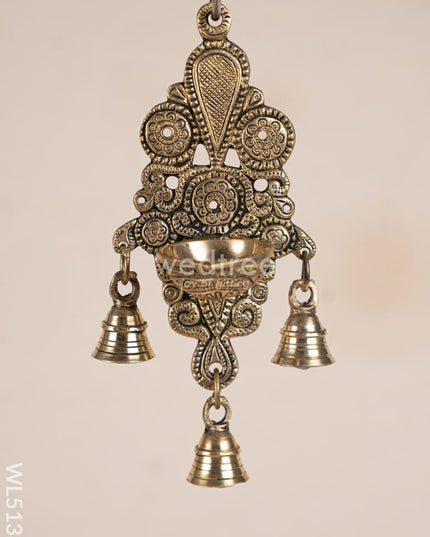 Brass Hanging Diya with 3 Bell - 9 inch - WL5138 Brass Wall Hanging