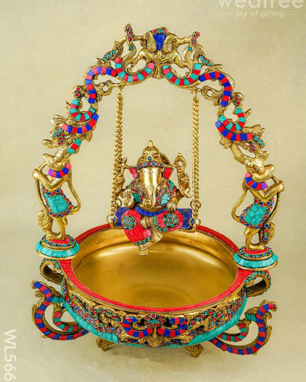 Brass Jhoola Ganesha with Urli Stonework - 21 inch - WL5667 - Brass Urli