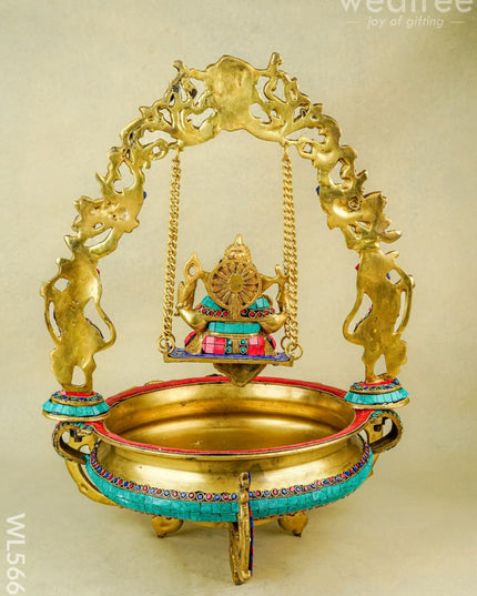 Brass Jhoola Ganesha with Urli Stonework - 21 inch - WL5667 - Brass Urli