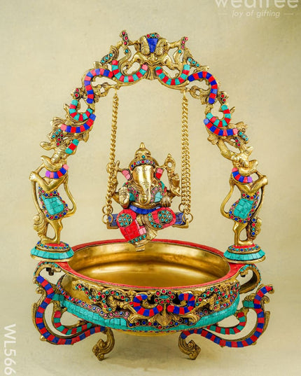 Brass Jhoola Ganesha with Urli Stonework - 21 inch - WL5667 - Brass Urli