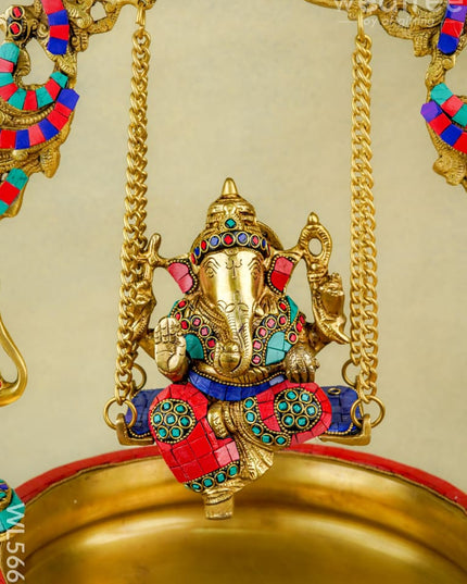 Brass Jhoola Ganesha with Urli Stonework - 21 inch - WL5667 - Brass Urli