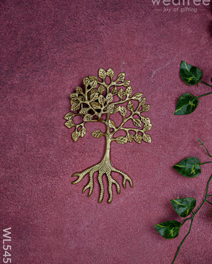 Brass Kalpavriksha Tree with Root - 8 inch - WL5457 - Brass Wall Hanging