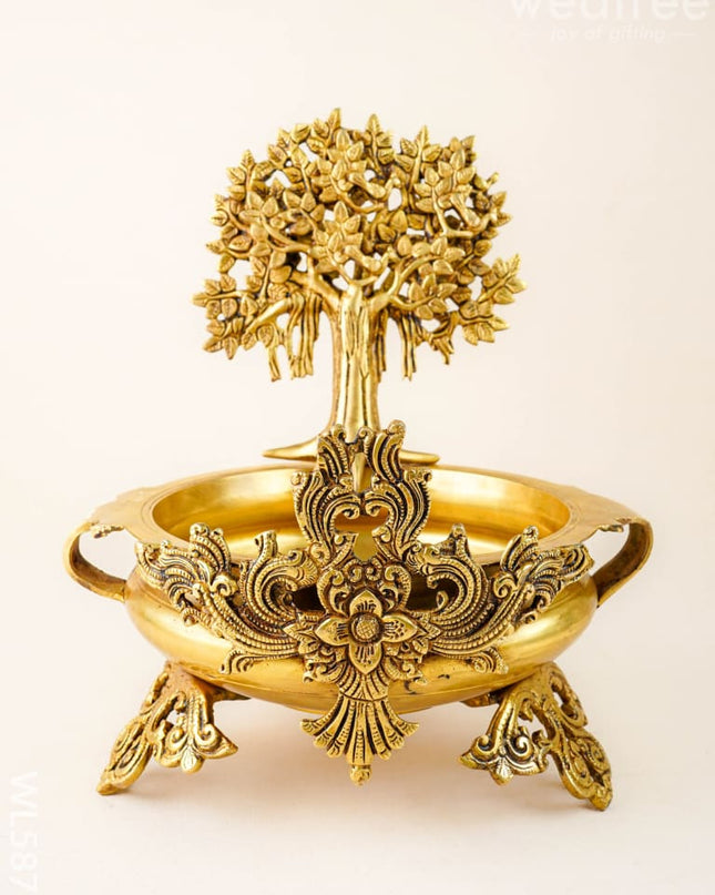 Brass Kalpavriksha Tree with Urli - 14 inch - WL5878 - Brass Urli