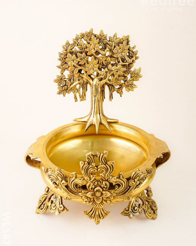 Brass Kalpavriksha Tree with Urli - 14 inch - WL5878 - Brass Urli