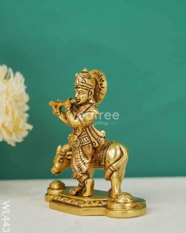 Brass Krishna Figurine With Cow - Wl4439 Figurines
