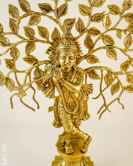 Brass Krishna Idol with Kalpavriksha Tree - 21 inch - WL5954 - Brass Figurines