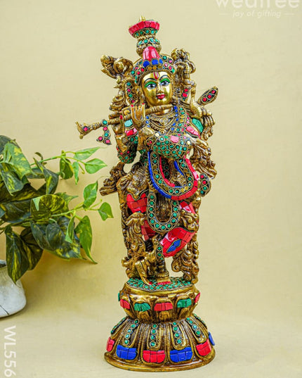 Brass Krishna Idol with Stone Work - 18 inch - WL5562 - Brass Figurines