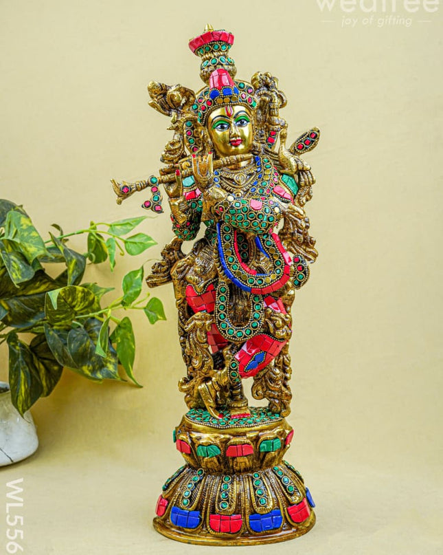 Brass Krishna Idol with Stone Work - 18 inch - WL5562 - Brass Figurines