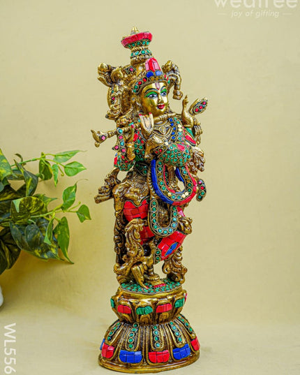 Brass Krishna Idol with Stone Work - 18 inch - WL5562 - Brass Figurines